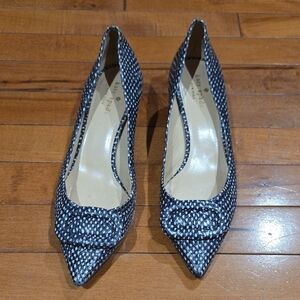 Kate Spade Black and White Phyton Embossed  Leather Simon Pump Kitten Heels.
